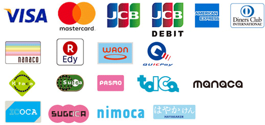MasterCard/VISA/American Express/Diners Club/JCB/JCB DEBIT/nanaco/楽天Edy/WAON/QUICPay/Kitaca/Suica/PASMO/TOICA/manaca/ICOCA/SUGOCA/nimoca/はやかけん